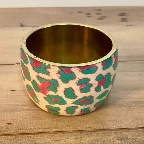 Vintage Brass Bangle with turquoise and pink animal print X Large circa 80s - Picture 4 of 6